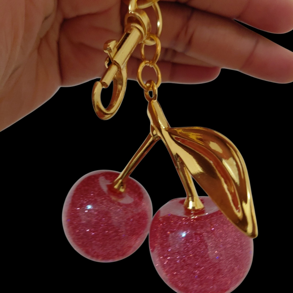 Gold-Tone Cherry Brooch with Pink Glitter Spheres - Picture 2 of 3
